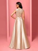New Luxury Gold Satin V-Neck Sequins Embroidery Formal Evening Dresses Women Long Elegant Wedding Party A-line Cocktail Gowns