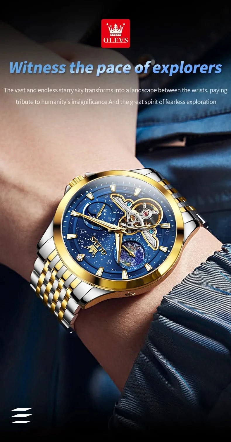 OLEVS Luxury Brand Men's Watches Luminous Waterproof Fully Automatic Mechanical Watch Starry Sky Dial Moon Phase Hollow Out - M & M Global