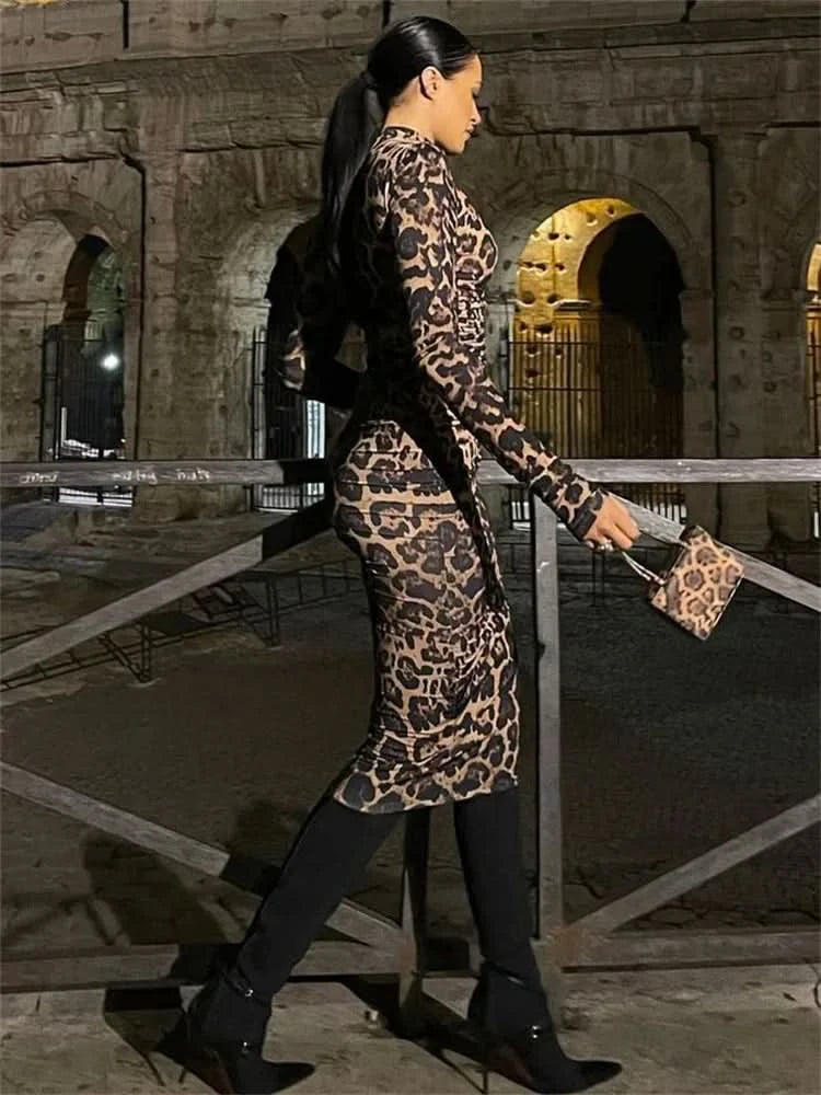 Print Leopard Print Slim Long Dress Women's Fashion Long Sleeve Sexy Party Dress Summer Street Leopard Print Long Dress 2024 New - M & M Global