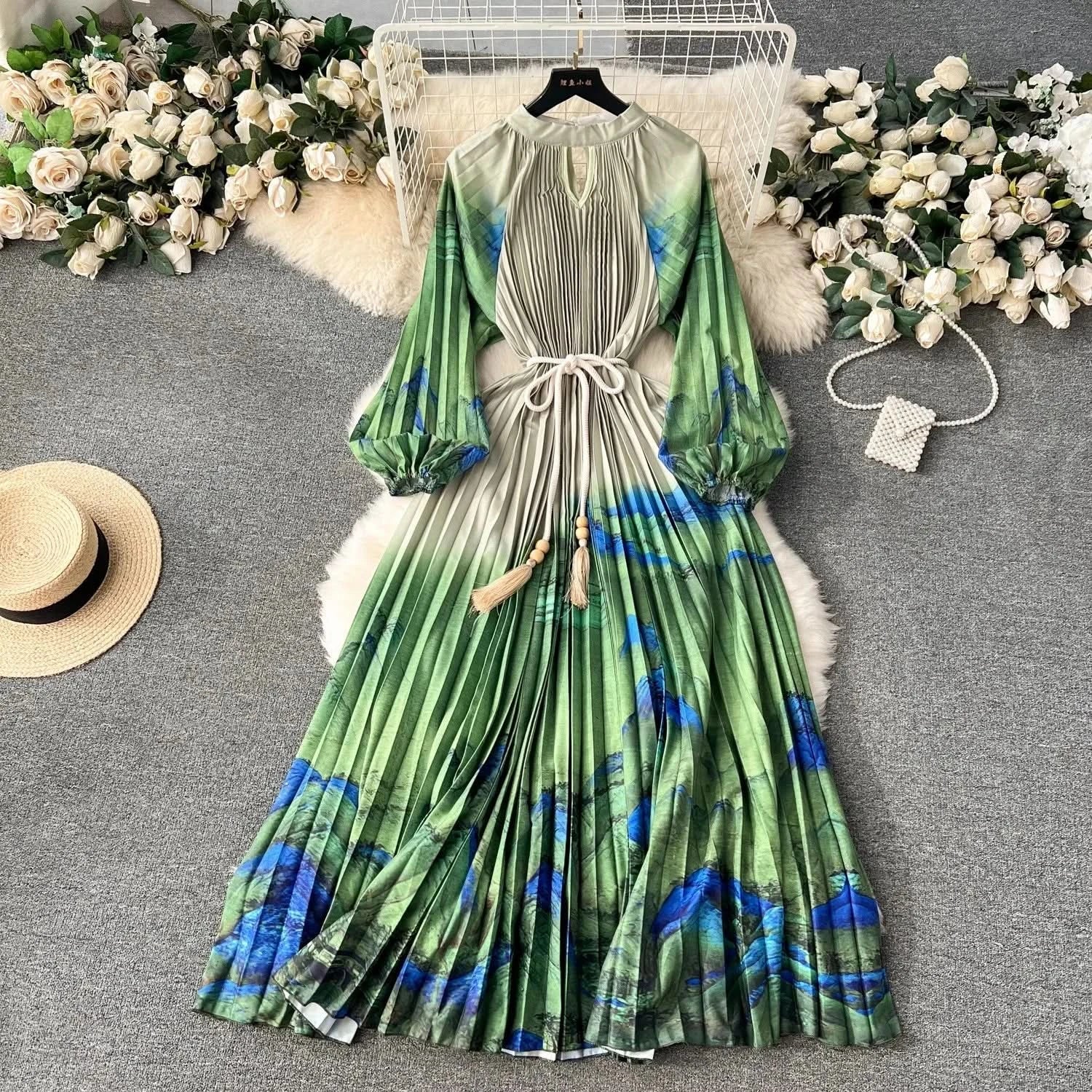 Spring Holiday Print Long Dress For Women Fashion Loose Lantern Sleeve Party Robe Female Big Swing Tassels Belt Pleated Clothes - M & M Global