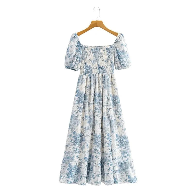 Summer Off-the-shoulder Short Sleeved Floral Split Long Chiffon Dress Swallows Print Fit and Flared Sweet  Ruffles Long Dress - M & M Global