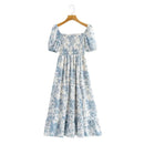 Summer Off-the-shoulder Short Sleeved Floral Split Long Chiffon Dress Swallows Print Fit and Flared Sweet  Ruffles Long Dress - M & M Global