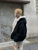 Winter American Retro Fur Collar Women Padded Hooded Cotton-Padded Jacket Plush Casual Street Gothic Harajuku Oversize Coat