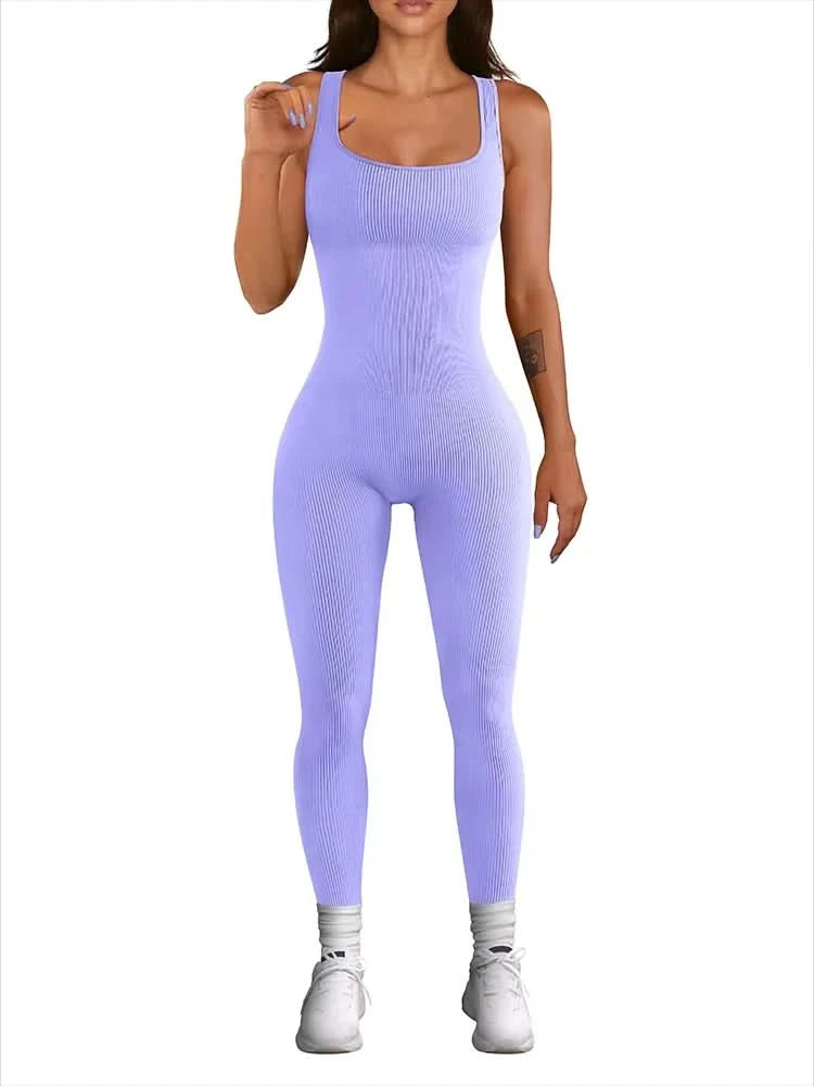 Women's Sleeveless Yoga Jumpsuit Exercise Ribbed Square Neck Vest High Waist  Fitness Sports One-piece Yoga Suit - M & M Global