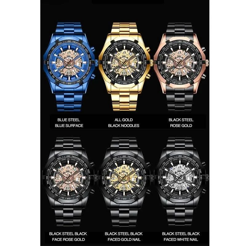 BINBOND Mens Quartz Watches Top Brand Luxury Stainless Steel Waterproof Hollow Out Blue Big Male Wristwatches Relogio Masculino - M & M Global