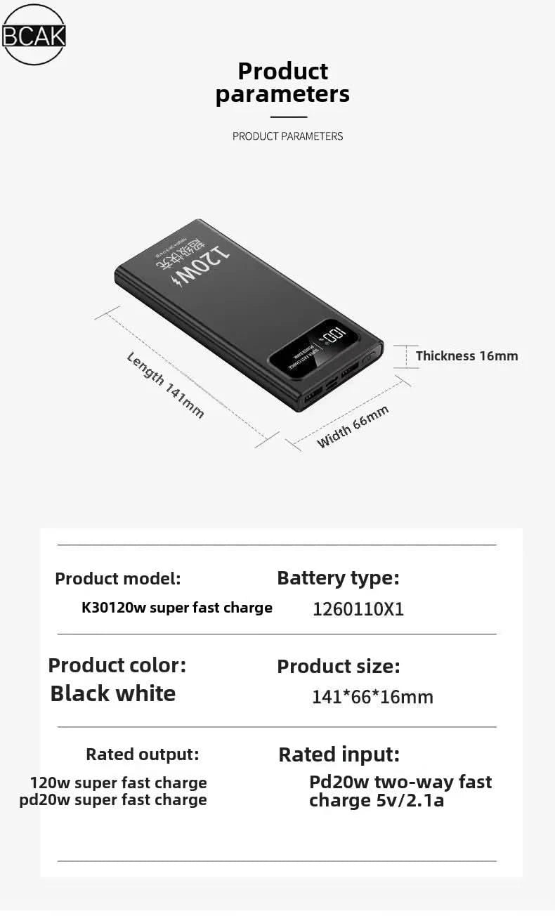 Quality BCAK New 120W Power Bank 20000mAh Super Fast Charging Large Capacity Mobile Power Supply - M & M Global