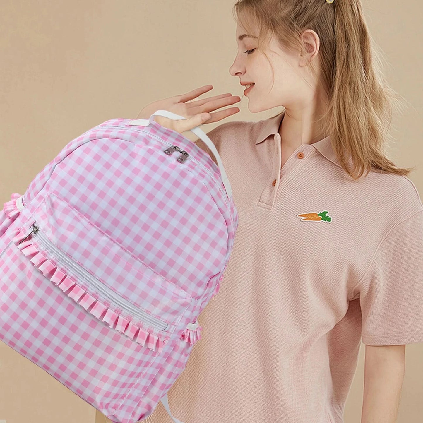 Ruffle Plaid Backpack Girl Pink/Blue Nylon For Women Outdoor Travel Weekend Book Schoolbags Back To School Gifts For Kids - M & M Global