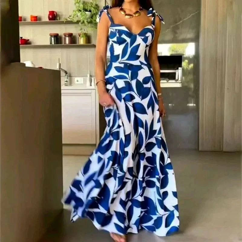 BAMBOOBOY Summer Print Long Dress Women Clothing Lace Up Party Dresses Pattern Spaghetti Strap Ladies V-Neck Beach Sundress - M & M Global