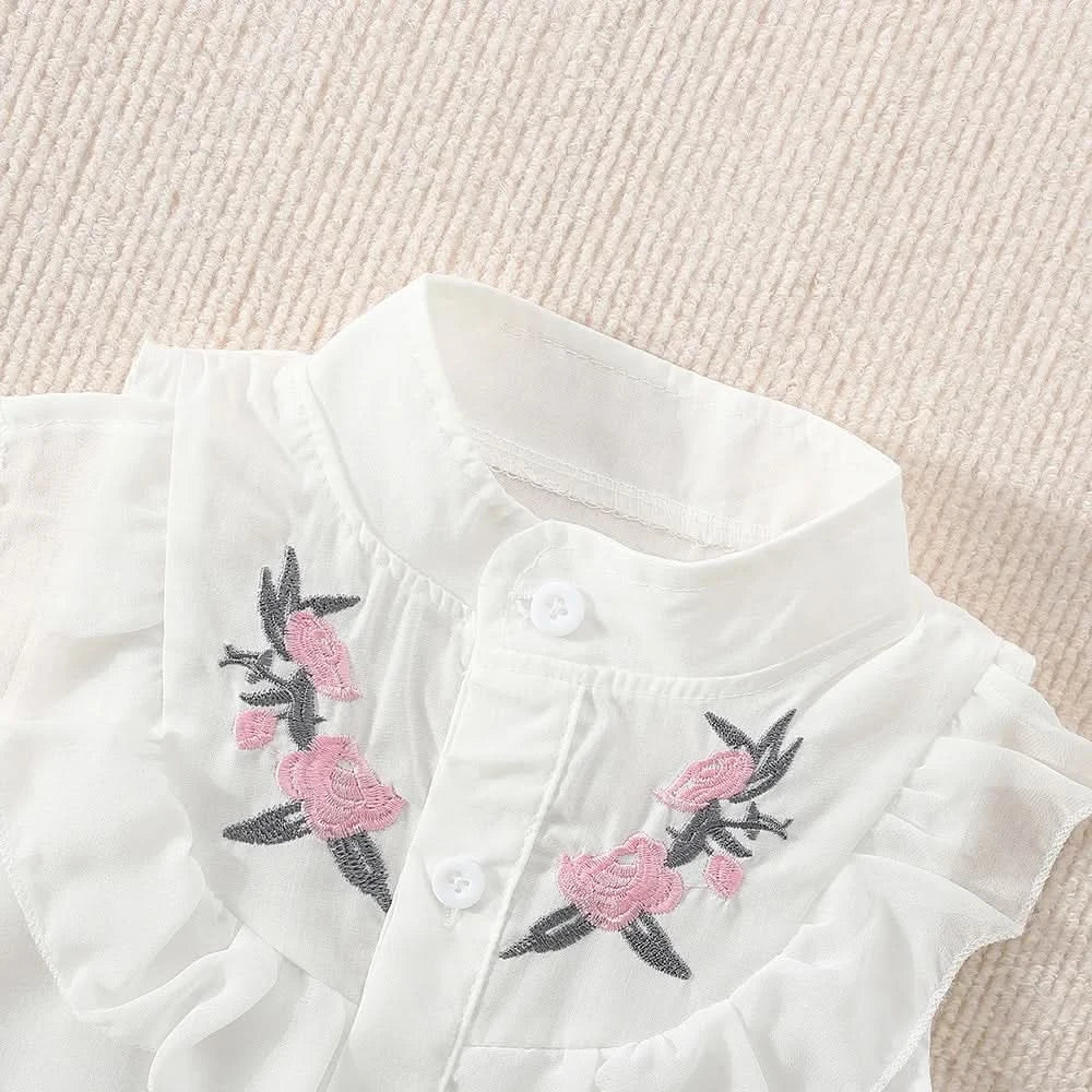 Summer New Girls' Two-Piece Set Lace Flower Embroidery Bow Two-Piece Set Loose Casual Two-Piece Shorts - M & M Global