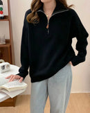 Korean Half Zip-Up Sweater Women Retro Loose Sporty Knitted Pullover ladies Autumn Winter thicken warm Long Sleeve knit Jumpers