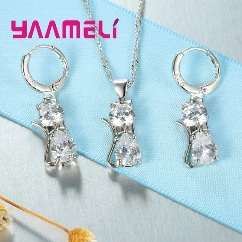 Real 925 Sterling Silver Color Jewelry Sets for Woman Girls Shining Austrian Crystal Cute Cat Pendant Necklace Huggie Earring - M & M Global