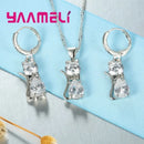 Real 925 Sterling Silver Color Jewelry Sets for Woman Girls Shining Austrian Crystal Cute Cat Pendant Necklace Huggie Earring - M & M Global