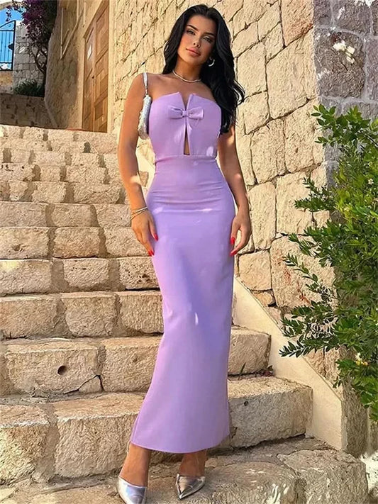 Tossy Tee Bow Off-Shoulder Slim Long Dress For Women Patchwork Fashion Elegant Hollow Out Backless Clothes Female Party Dress - M & M Global