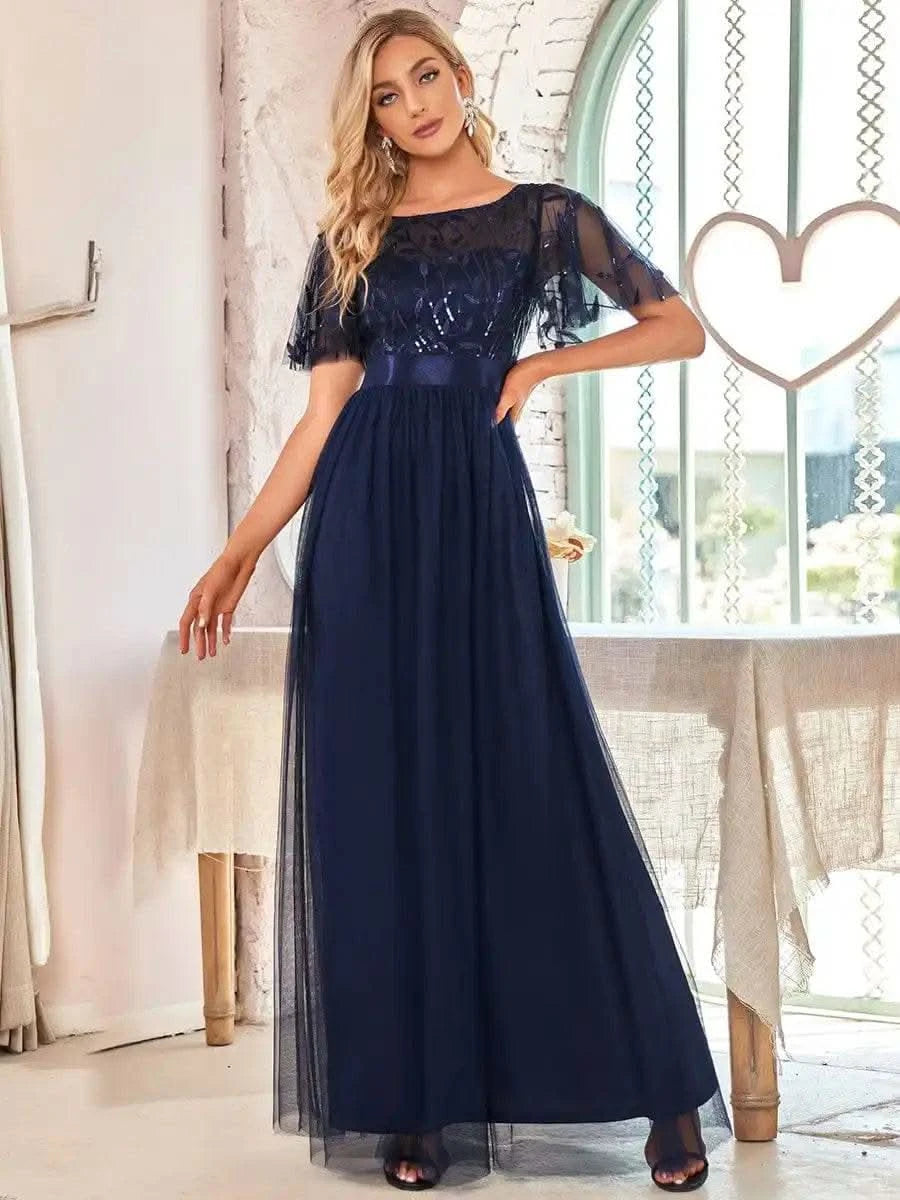 2023 New Women's Burgundy A-Line Sequin Mesh Leaf Maxi Prom Dress Sparkle Evening Dresses O-Neck Short Sleeve Long Dress - M & M Global