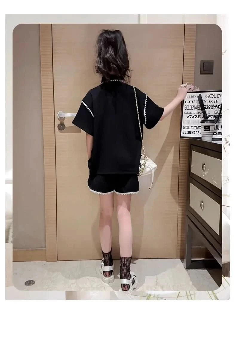 Girls Summer Polo Shirt Set Ruffle Collar T-Shirt Shorts Two-Piece Korean Style Mid-Big Children Fashionable Clothing - M & M Global