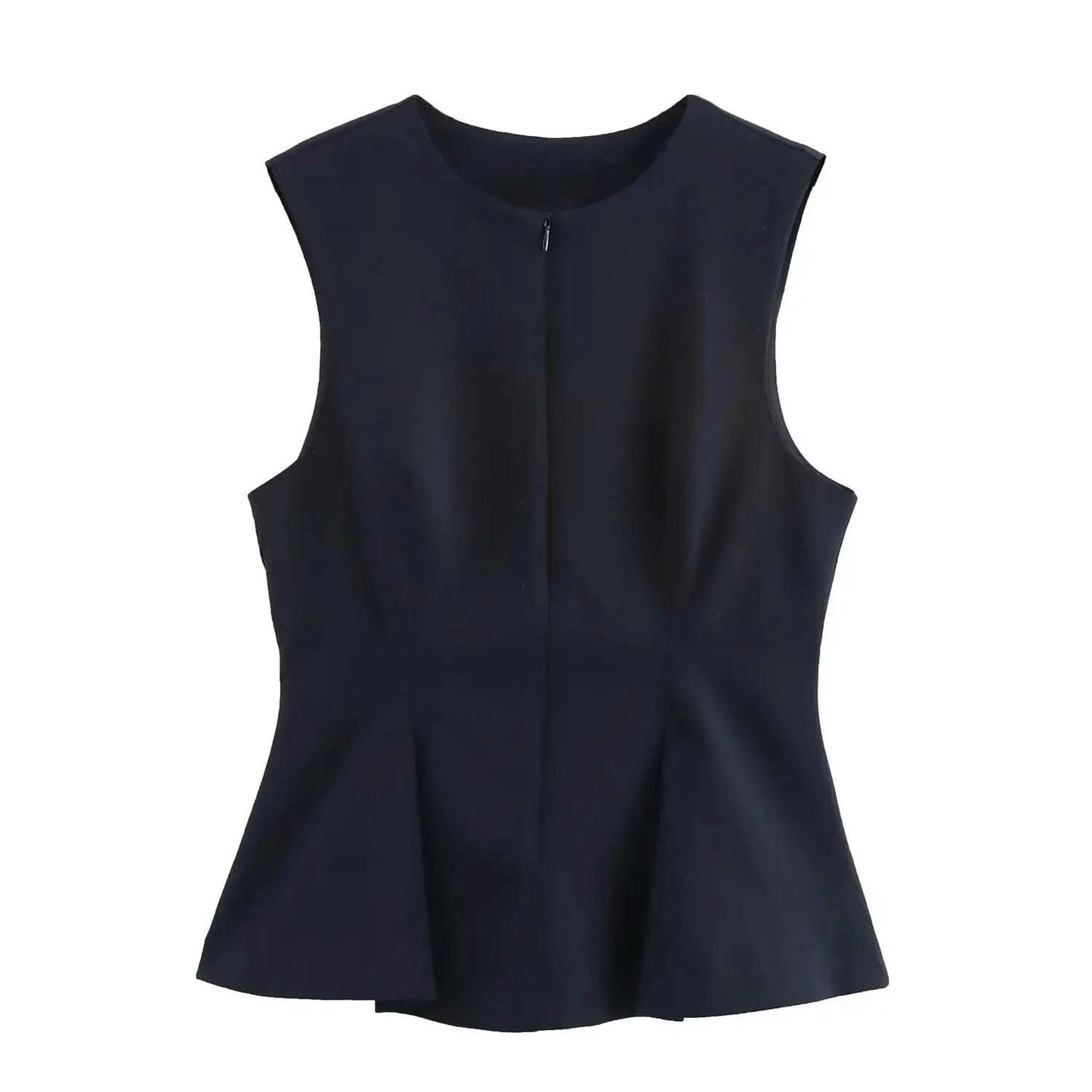2025 Summer Women Solid Zipper Vintage Causal Sleeveless O Neck Tank TShirt Fashion Slim Pleated Vest High Street Folds Top - M & M Global