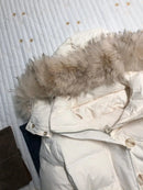 American New Winter Unisex Oversized Fur Trim Hooded Padded Coat Navy Blue Preppy Emblem Warm Casual Fashion Jacket