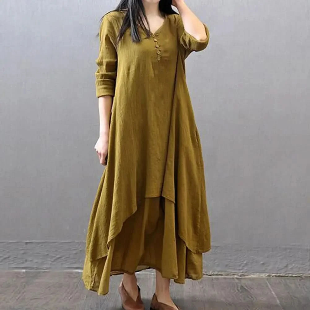 Women Elegant Linen White Dresses Bohemia Layering Vintage Robe Long Sleeve Loose Long Dress Female Autumn Vestidos - M & M Global