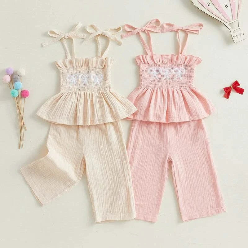 Adorable Toddler Girl Sleeveless Top and Shorts Set with Cute Bow Embroidery Detail - Summer Outfit for Little Princesses - M & M Global