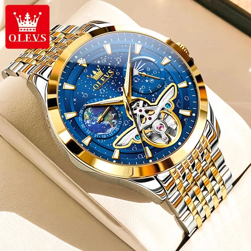 OLEVS Luxury Brand Men's Watches Luminous Waterproof Fully Automatic Mechanical Watch Starry Sky Dial Moon Phase Hollow Out - M & M Global