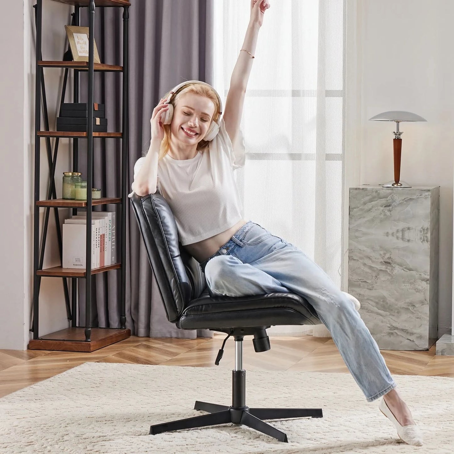 JHK PU Leather Cross Legged Office Chair Armless Desk Chair with Dual-Purpose Base Adjustable Swivel Fabric Task Vanity Home