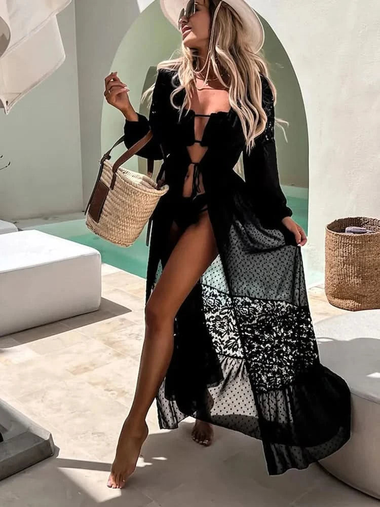 Summer Women Lace Patchwork Bikini Chiffon Beach Dress Cover Up Kimono Polka Dot Lace-up Cardigan Swimwear Long Sleeve Holiday - M & M Global