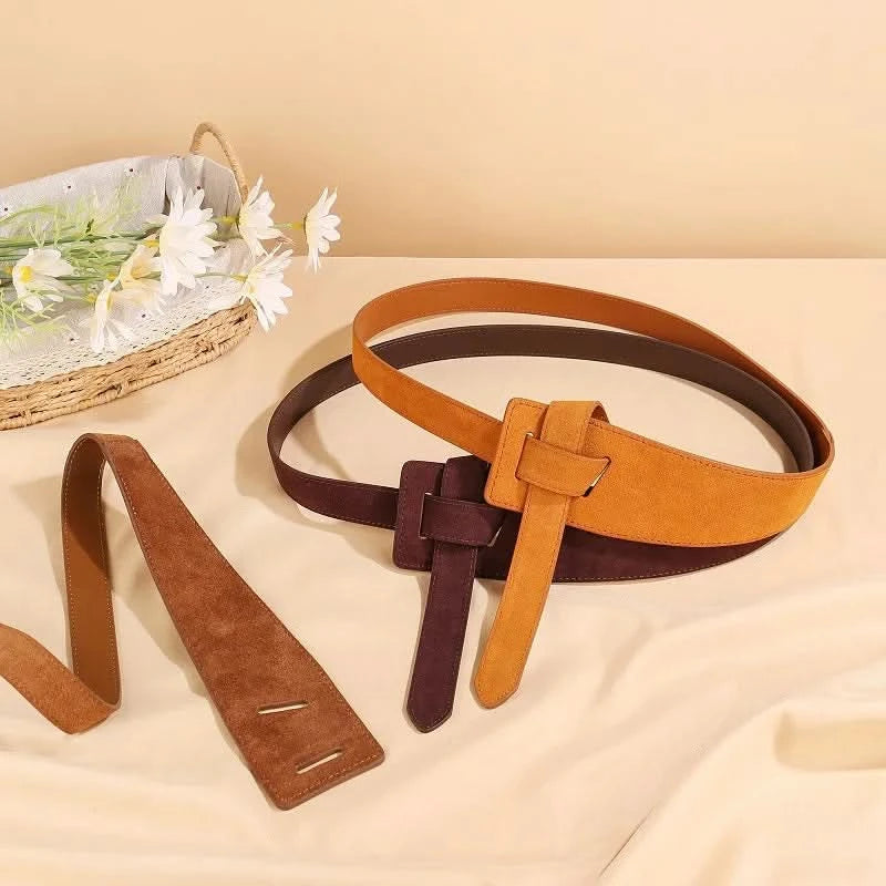 Knotted Belts for Women Belt Lady Waistband Soft Genuine Leather Suede Cowhide Waist Belt Straps Long Dress Coat Accessories - M & M Global