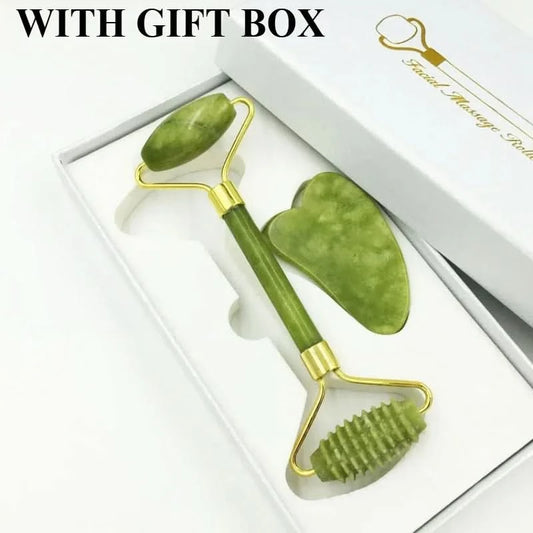 Jade Massagers For Face Body Gua Sha Scraper Beauty Facial Roller Set Natural Gouache Stone Massage Slimming Skin Care Lift box - M & M Global