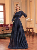 Luxury O-Neck Long Sleeves Blue A-line Sequins Formal Evening Dresses Women V-back Slim Wedding Party Prom Maxi Cocktail Gowns