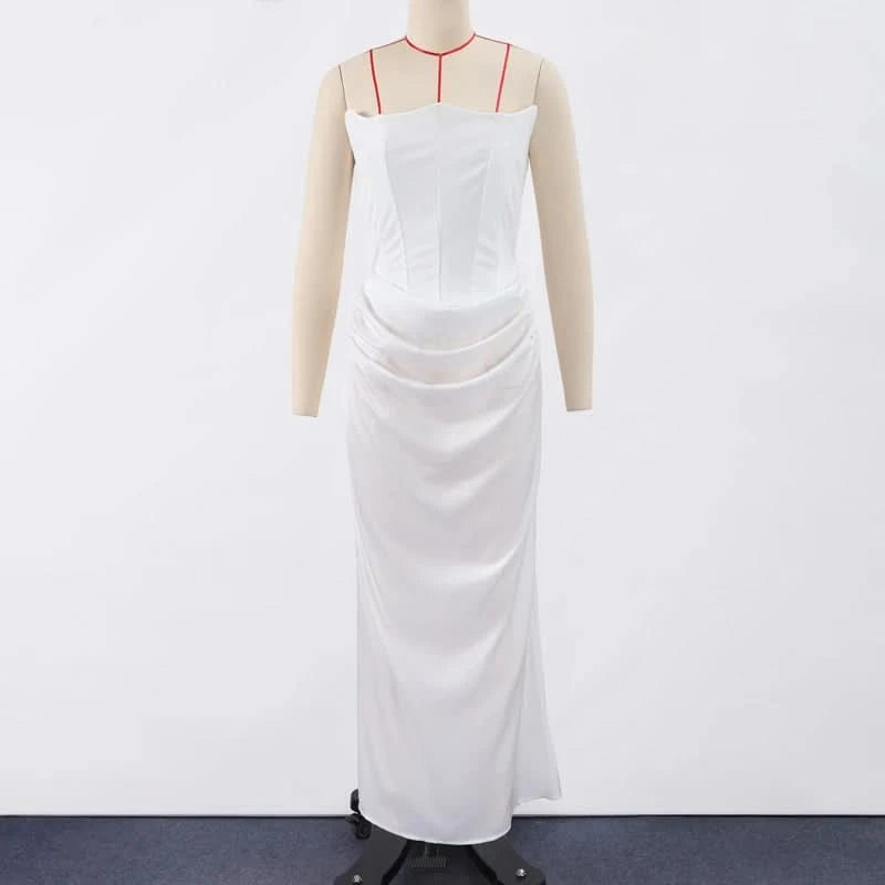 Sexy Strapless Patchwork Long Dress Women Slim Sleeveless Pleated Mermaid Dresses 2025 Spring Summer Lady Evening Solid Robe - M & M Global