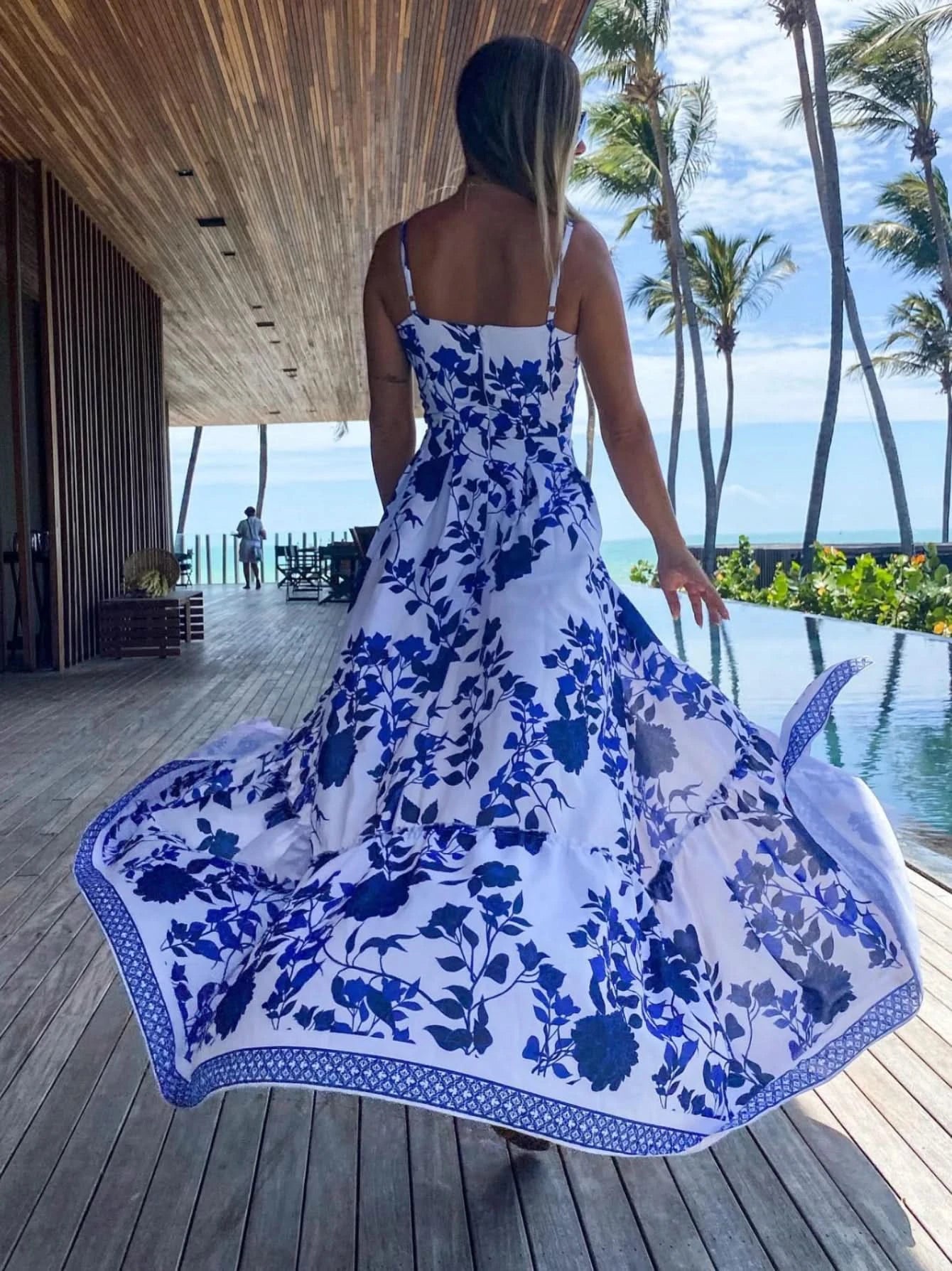 Summer Print Long Dress Women Clothing Lace Up Sling Party Dresses Pattern Strappy Ladies Hollow Out V-Neck Beach Vestidos - M & M Global
