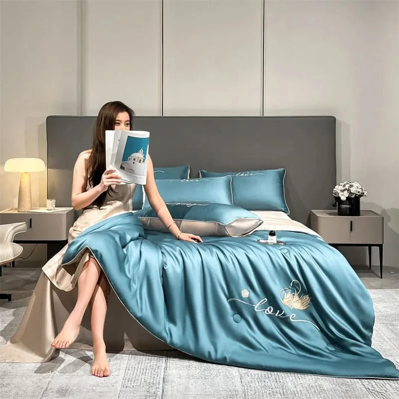 Simple Solid Color Embroidery Washed Ice Silk Single Summer Quilt - M & M Global