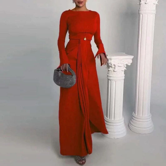 2024 Casual Solid Prom Dress Elegant O Neck High Waist Pleated Commuter Dress New Autumn Fashion Flared Sleeve Split Long Dress - M & M Global