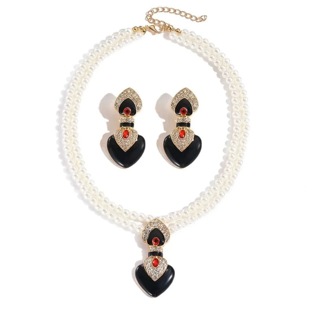 Bride Wedding Jewelry Set Elegant Enamel Rhinestone Love Imitation Pearl Beaded Necklace and Earrings Women's Party Accessories - M & M Global