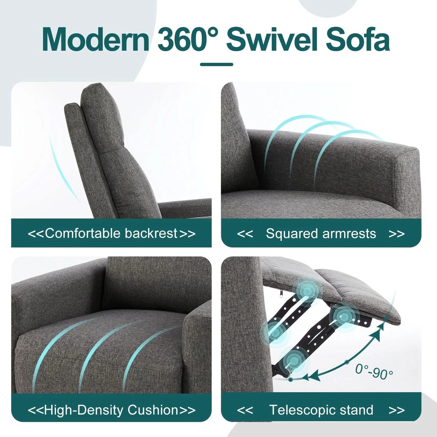 JHK Swivel Rocking Living Room Sofa Manual Upholstered Seating Recliner Angle Adjustable with Extra Large Footrest for Bedroom