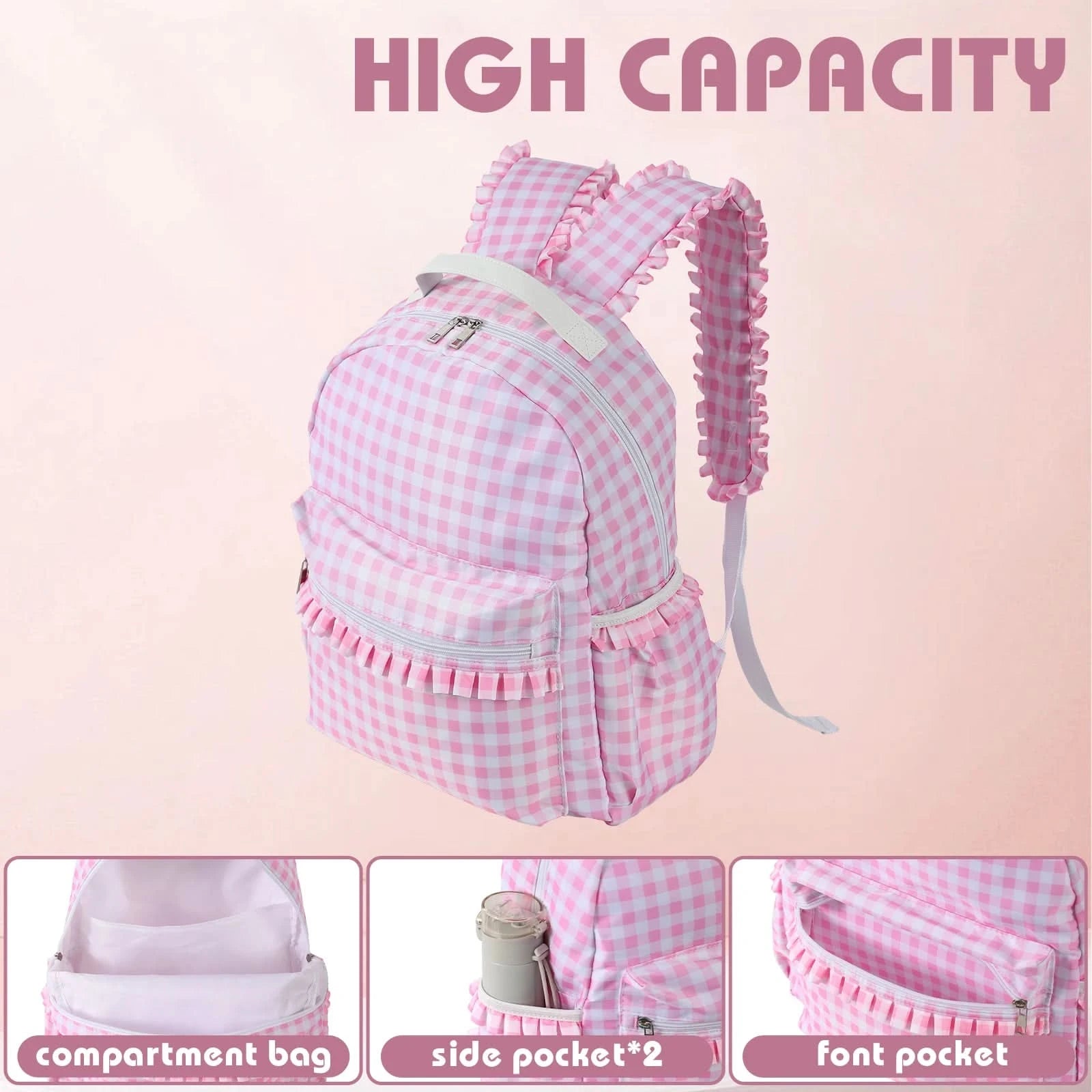 Ruffle Plaid Backpack Girl Pink/Blue Nylon For Women Outdoor Travel Weekend Book Schoolbags Back To School Gifts For Kids - M & M Global