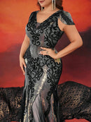 Plus Size Luxury Cap Sleeves V-back Sequins Formal Evening Dresses 2026 Elegant Mermaid Wedding Party Cocktail Family Gowns