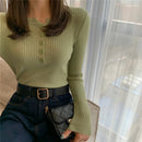 2025 Knitted Women Sweater Button O-neck Pullovers Spring Autumn Basic Sweaters for Female Pullover Slim Solid Bold Stripes Tops