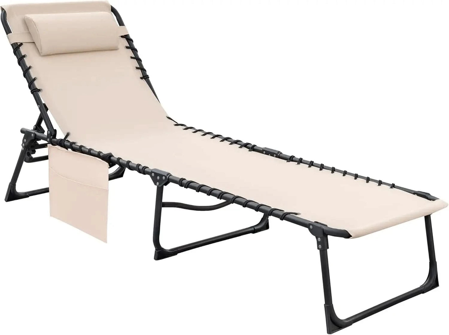 Foldable Chaise Lounge Chair 5-Position Adjustable, Tanning Chair with Side Pocket, Outdoor Sunbathing for Pool, Beach, Patio,