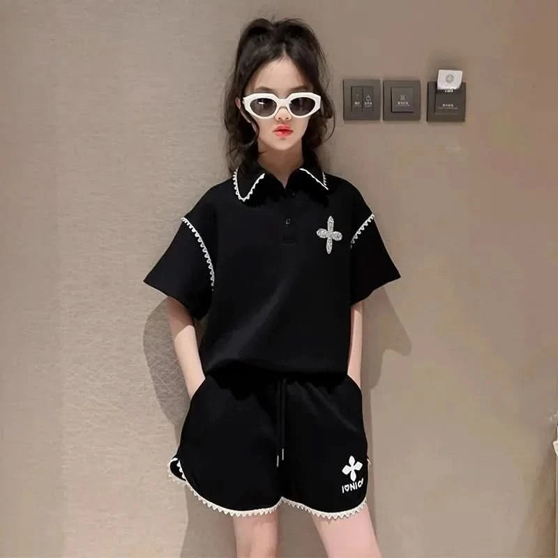 Girls Summer Polo Shirt Set Ruffle Collar T-Shirt Shorts Two-Piece Korean Style Mid-Big Children Fashionable Clothing - M & M Global