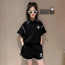 Girls Summer Polo Shirt Set Ruffle Collar T-Shirt Shorts Two-Piece Korean Style Mid-Big Children Fashionable Clothing - M & M Global