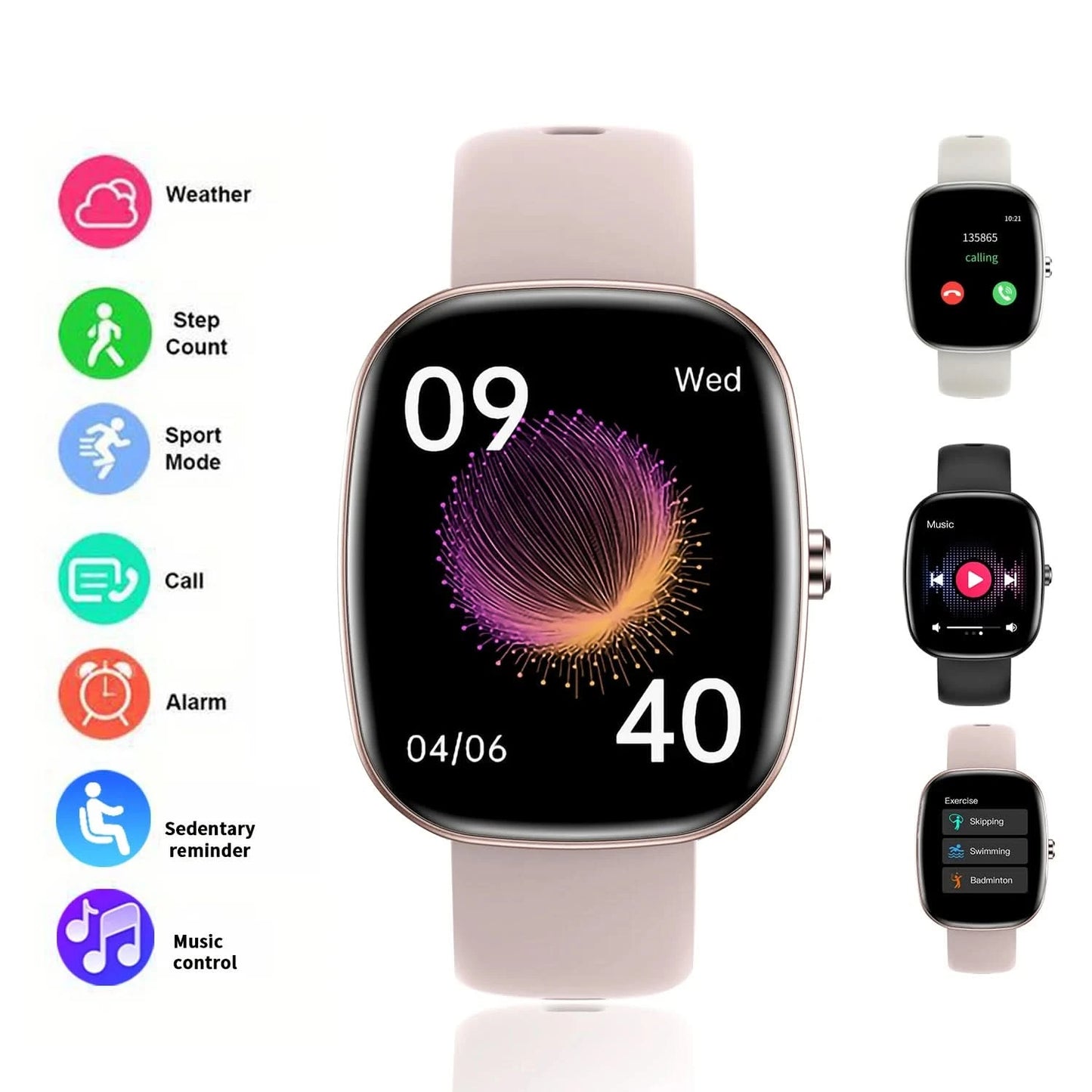 Smart watch, custom wallpaper, call reminder/rejection, multiple sports modes, music playback, unisex, suitable for iOS/Android