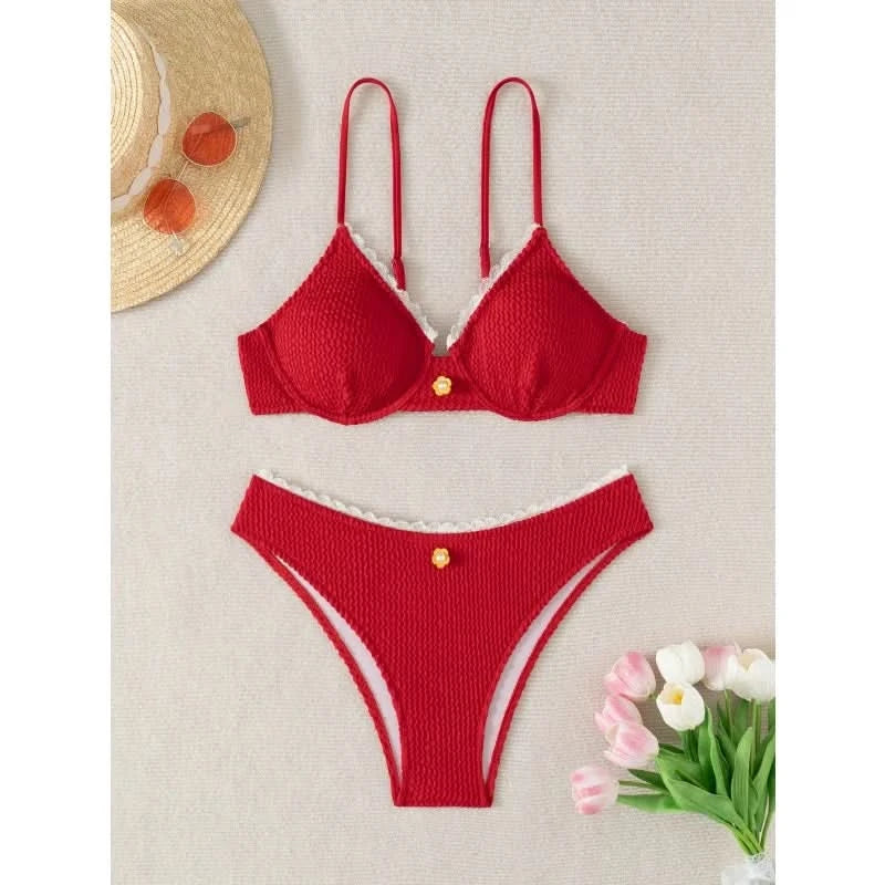 Sexy Bikini Set Women's 2 Piece Swimsuit Vintage Lace Edge Bikini Push Up Swimwear 2025 New Chic Simple Beachwear Bathing Suit - M & M Global