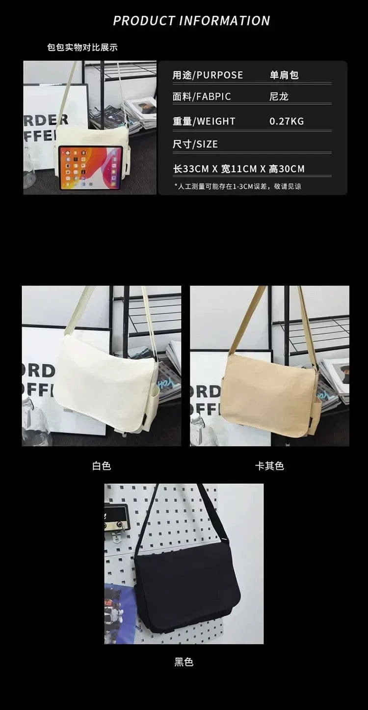 Collage Student School Bags Women&Men Unisex Crossbody Bags Multipockets Messenger Bag Simple Nylon Shoulder Bag - M & M Global