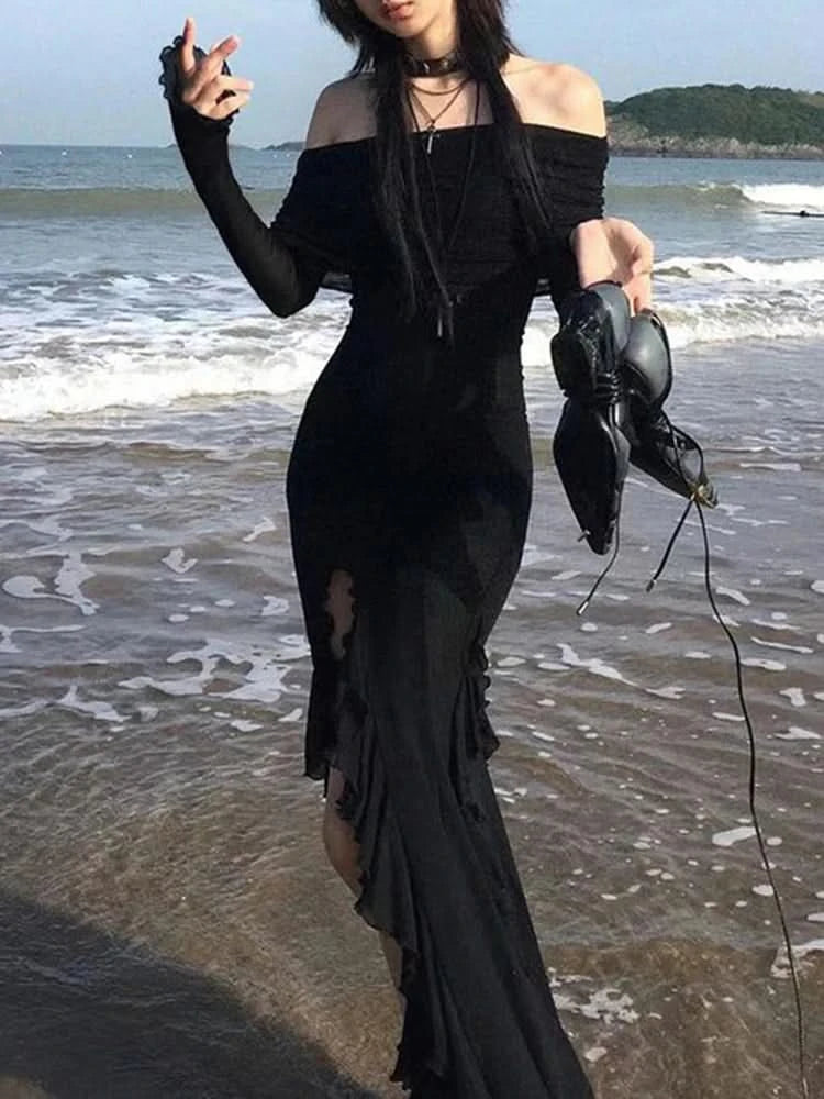 IAMSURE Elegant Fashion Dark Ruffles Split Long Dress Gothic Slash Neck Long Sleeve Maxi Dresses For Women 2023 Holiday Beach - M & M Global