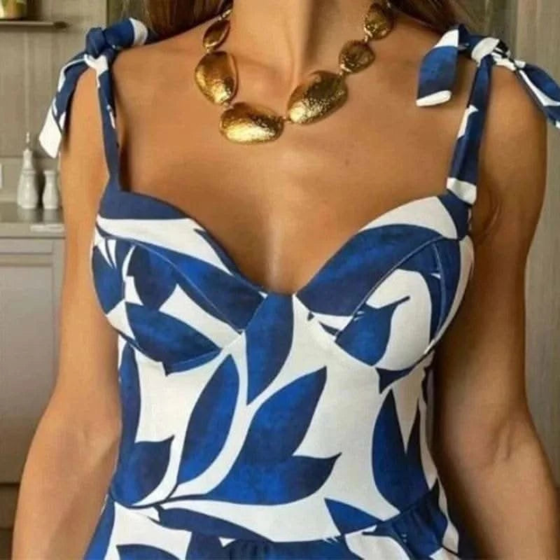 BAMBOOBOY Summer Print Long Dress Women Clothing Lace Up Party Dresses Pattern Spaghetti Strap Ladies V-Neck Beach Sundress - M & M Global