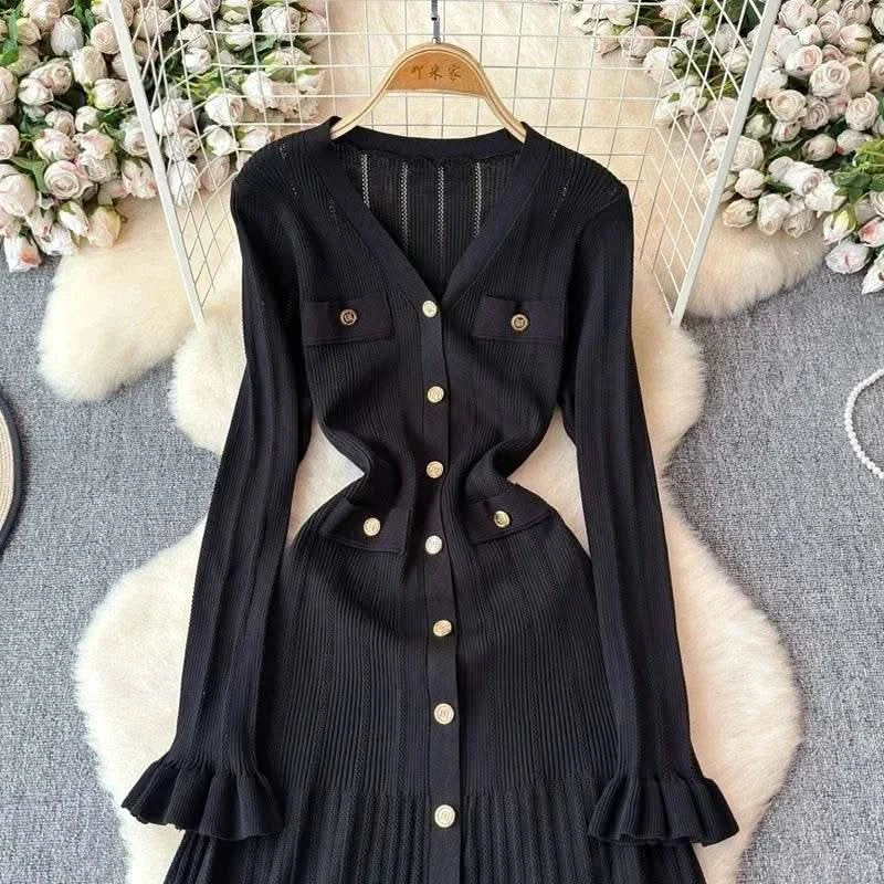 2024 Green Fashion Autumn Winter Knitted Long Dress French Style Letter Buttons Elegant Sweater Dress Lady Office Bodycon - M & M Global