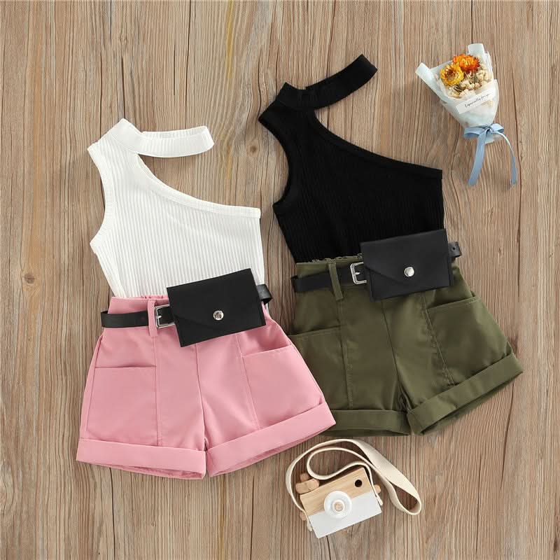 1-5 Years Infant Girl Casual Set Tanks Tops + Shorts + Waist Bag Pockets Decoration Casual Style Girls Summer Clothing Set - M & M Global