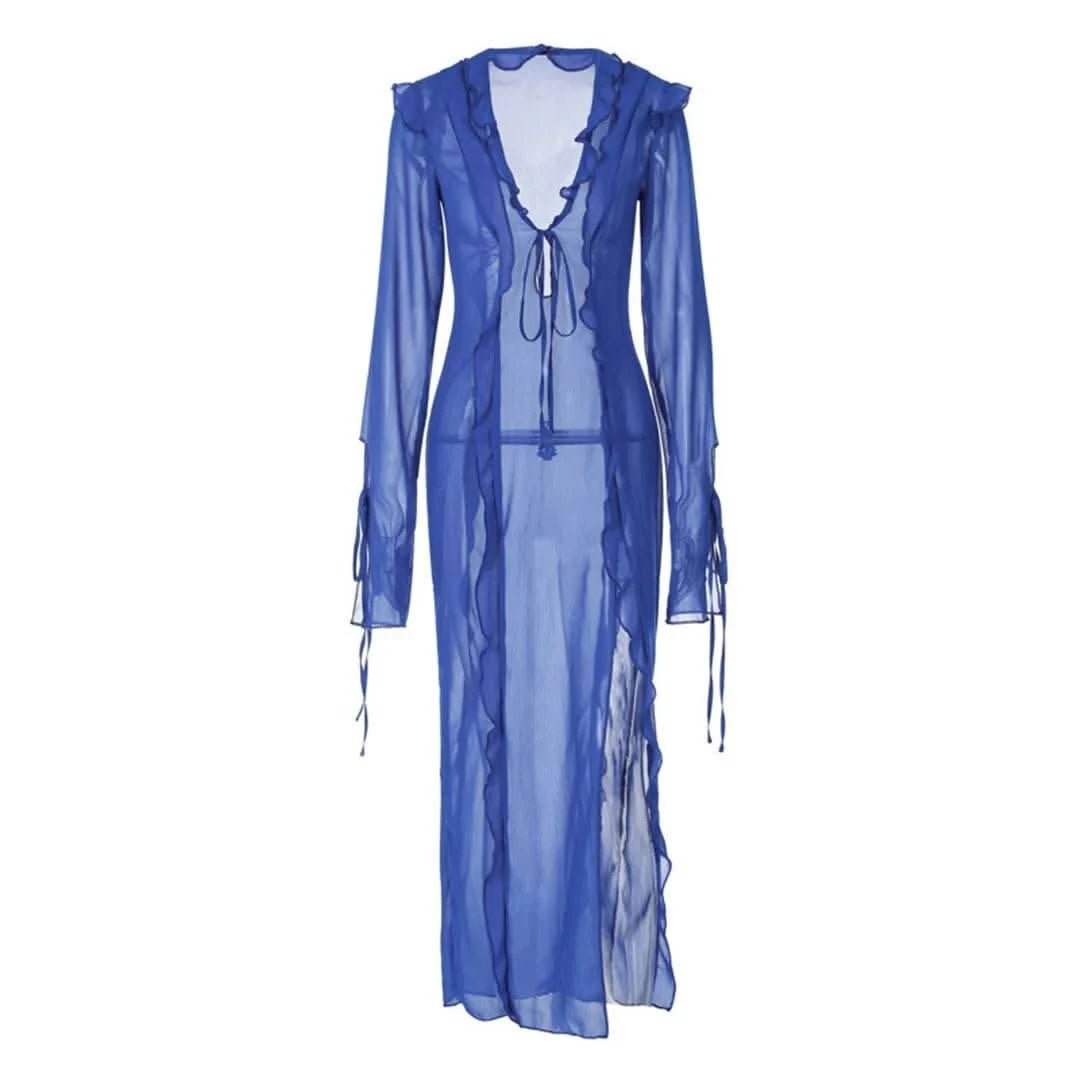 Deep V Neck High Split Long Dress Ruffles Beach Cover Up Bikini Cover-ups Beach Dress Beach Wear Beachwear Female Women V4440 - M & M Global