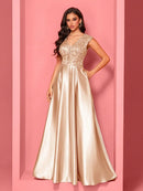 New Luxury Gold Satin V-Neck Sequins Embroidery Formal Evening Dresses Women Long Elegant Wedding Party A-line Cocktail Gowns